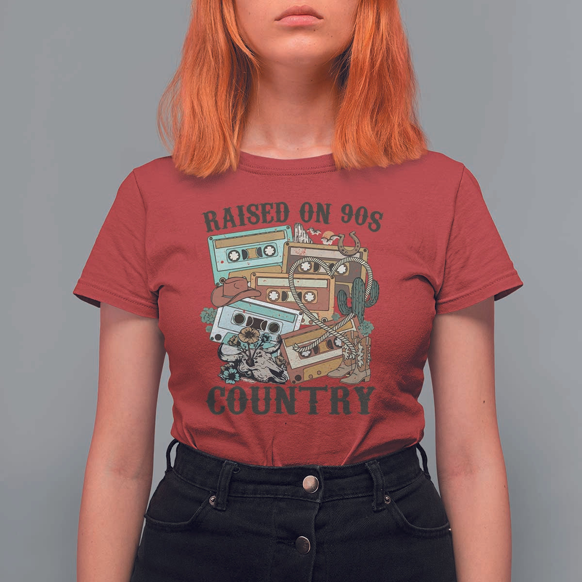 Funny Western Country T Shirt For Women Raised On 90s Country Mixtape - Wonder Print Shop