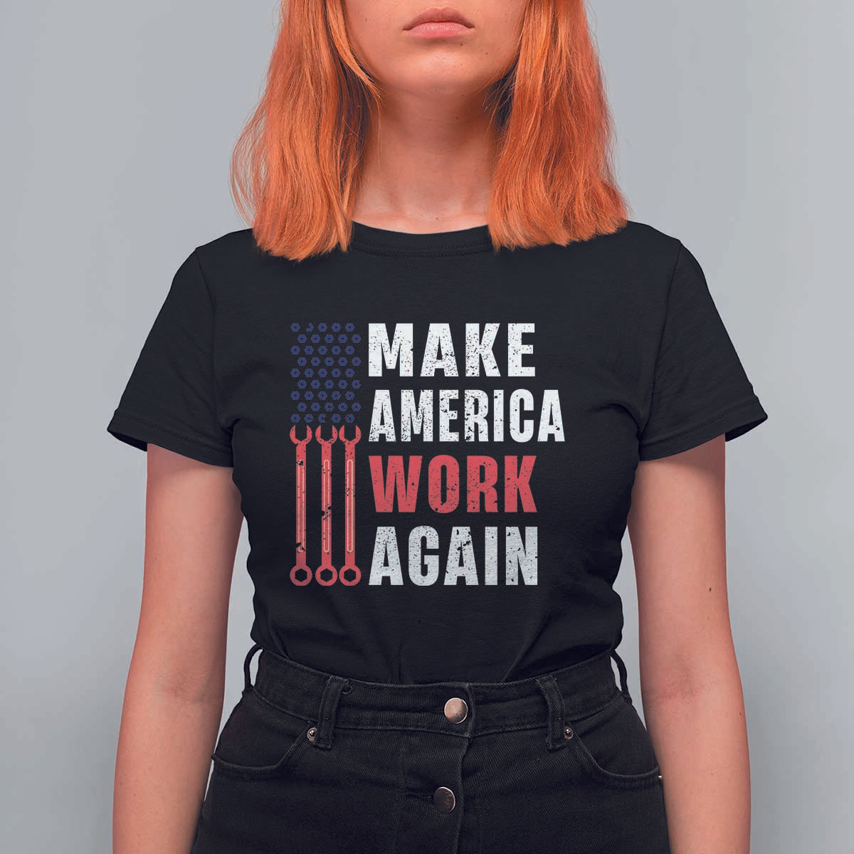 Make America Work Again T Shirt For Women Labor Day Vintage American Flag Wrench Screw - Wonder Print Shop