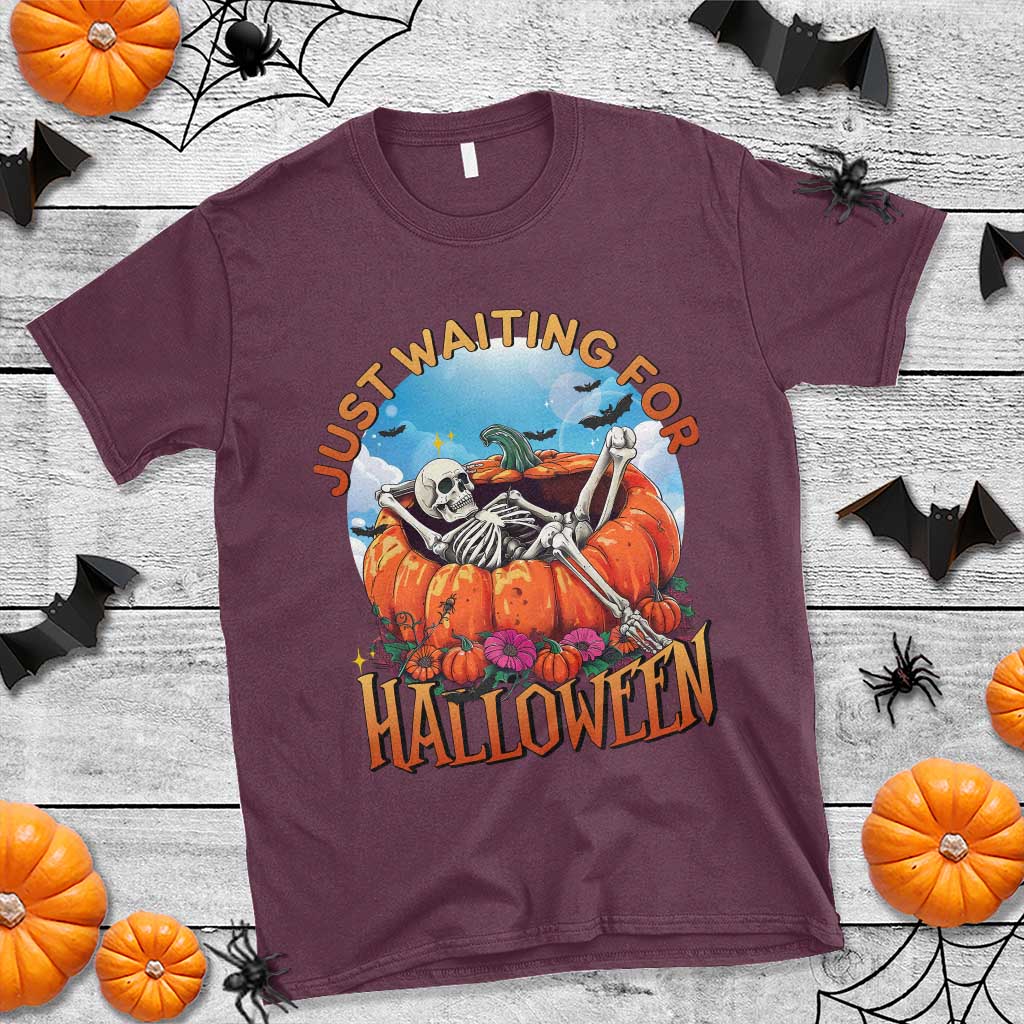 Just Waiting For Halloween T Shirt Spooky Skeleton Pumpkin Summer Vibes - Wonder Print Shop