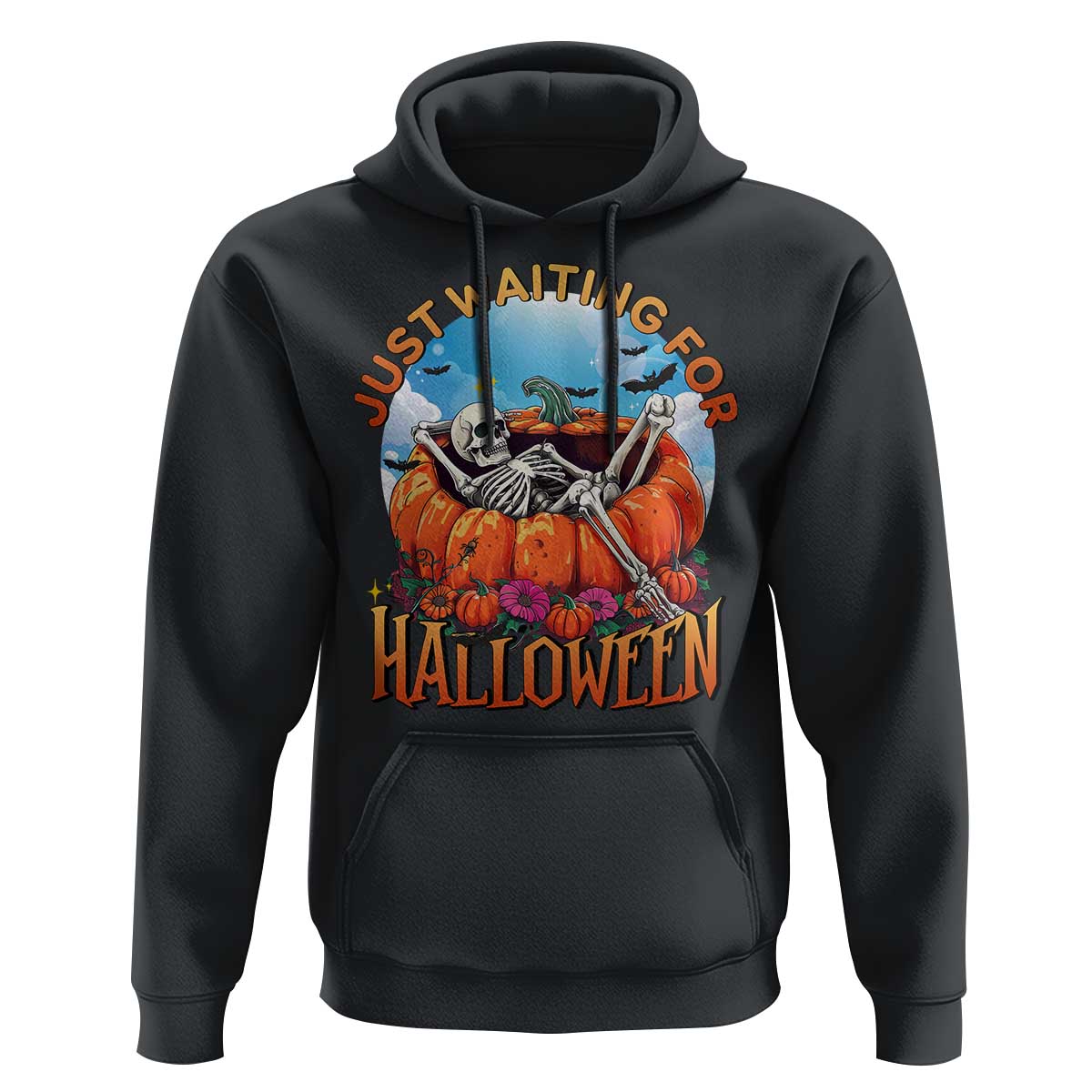 Just Waiting For Halloween Hoodie Spooky Skeleton Pumpkin Summer Vibes - Wonder Print Shop