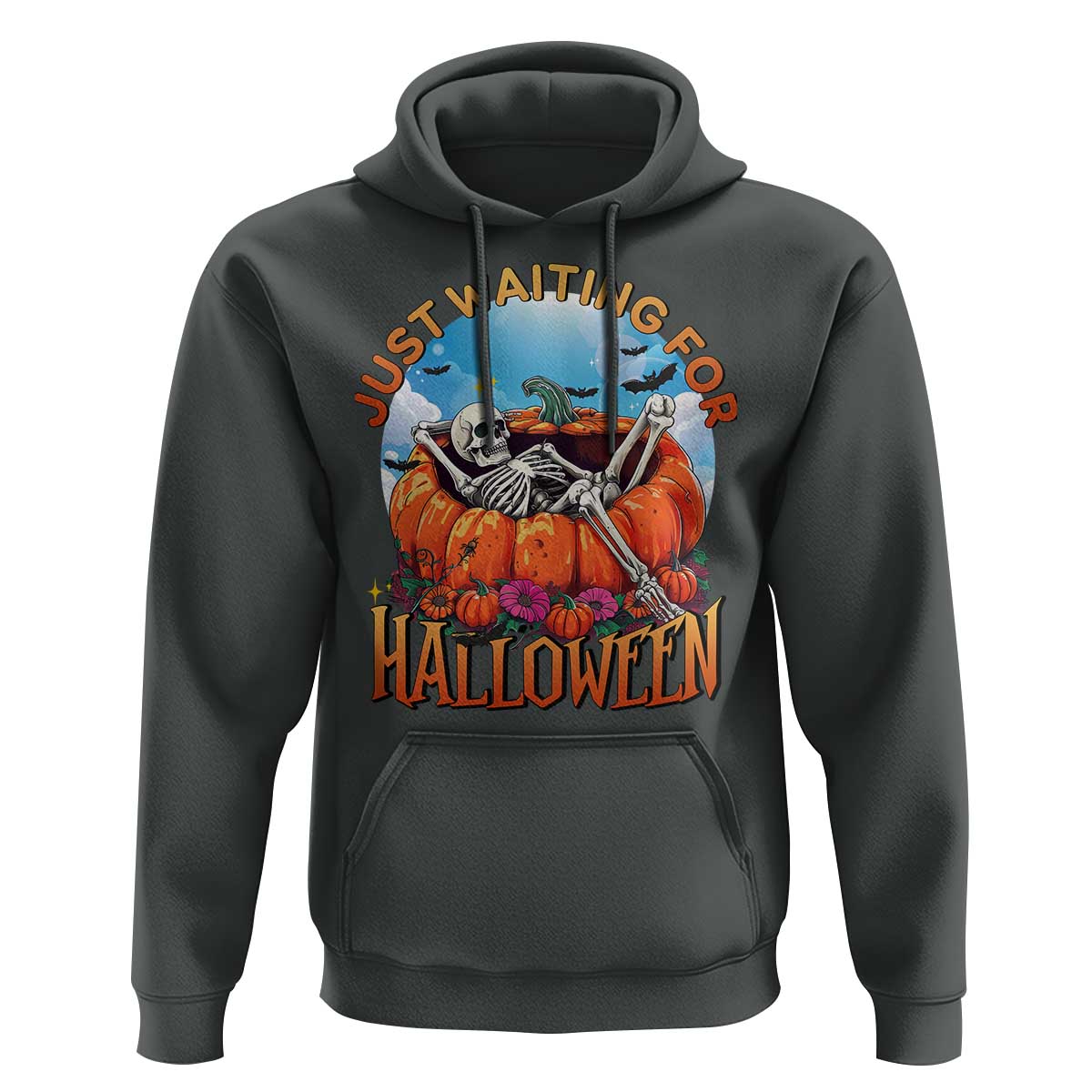 Just Waiting For Halloween Hoodie Spooky Skeleton Pumpkin Summer Vibes - Wonder Print Shop