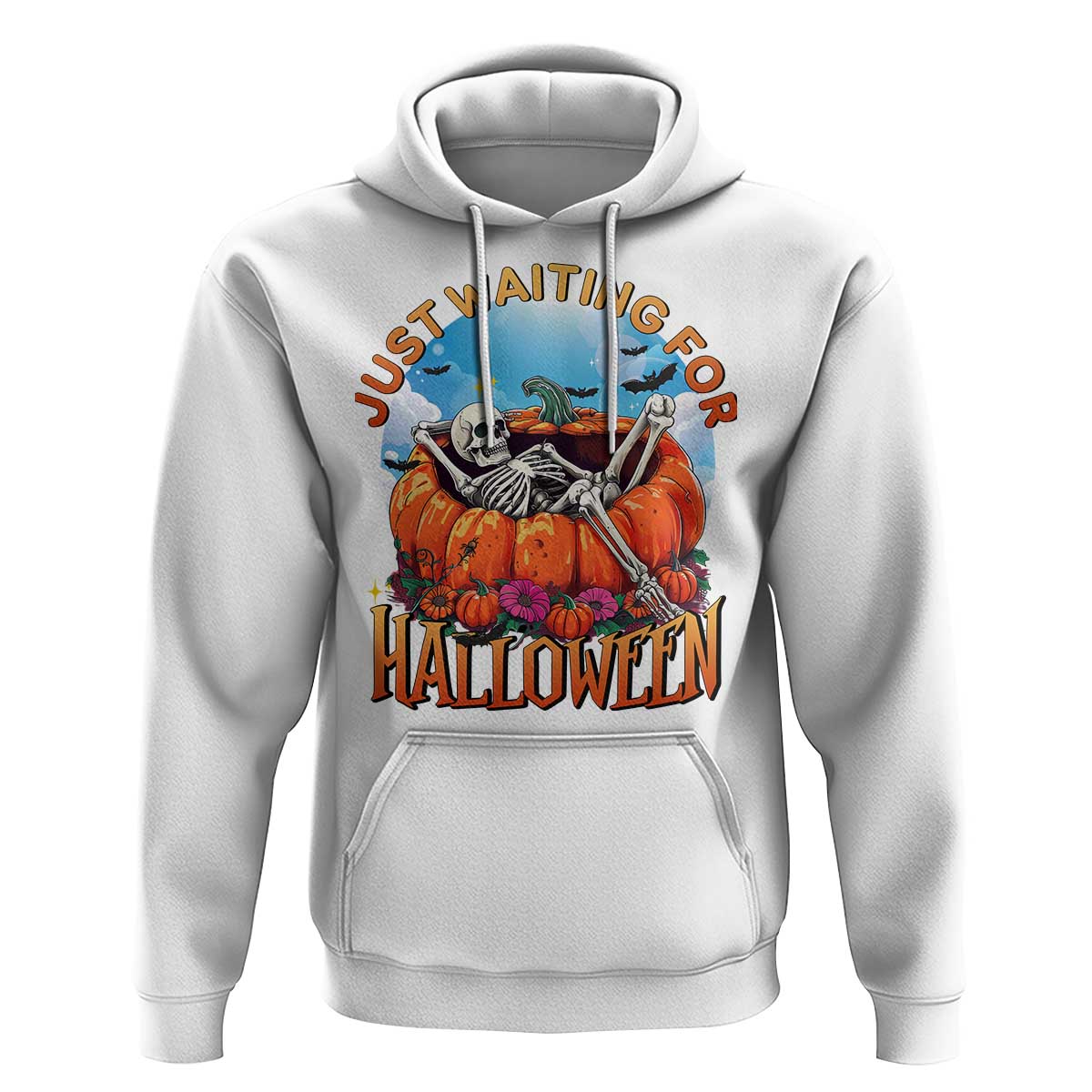 Just Waiting For Halloween Hoodie Spooky Skeleton Pumpkin Summer Vibes - Wonder Print Shop
