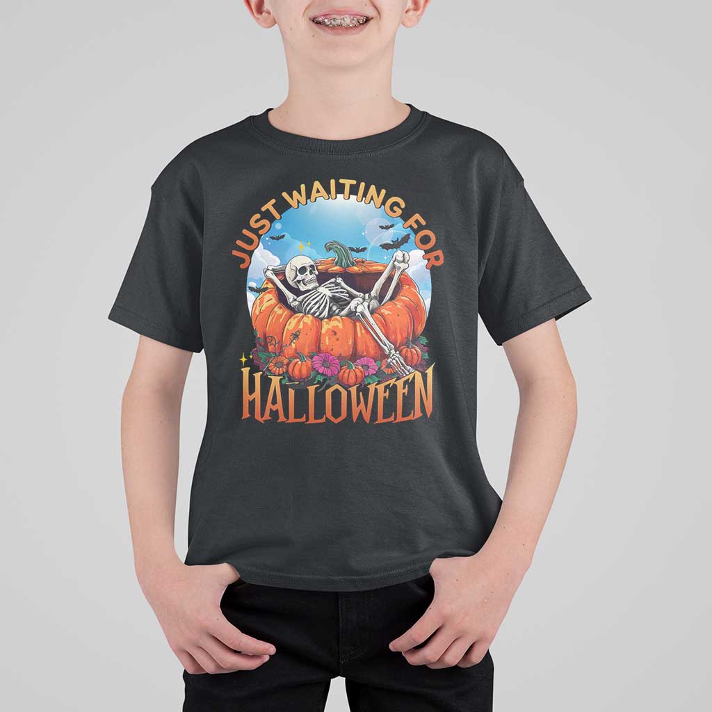 Just Waiting For Halloween T Shirt For Kid Spooky Skeleton Pumpkin Summer Vibes - Wonder Print Shop