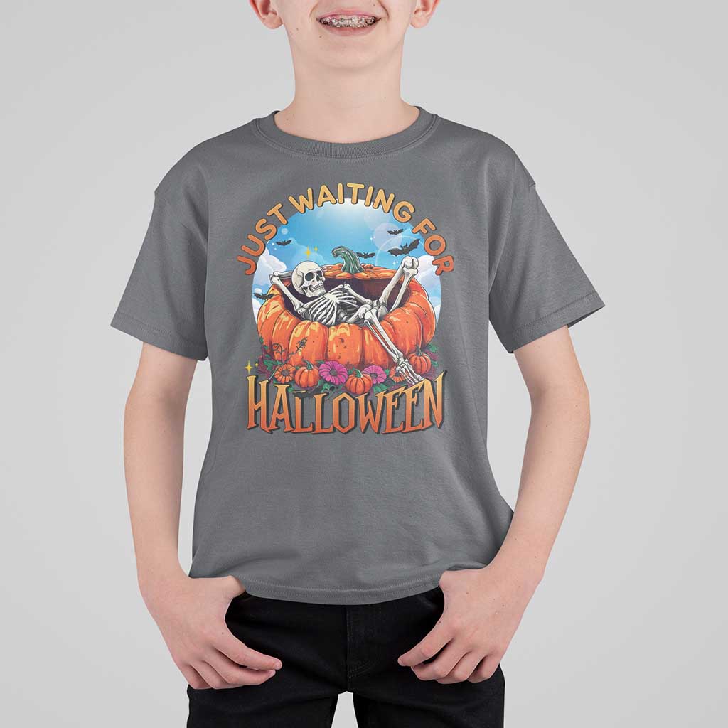 Just Waiting For Halloween T Shirt For Kid Spooky Skeleton Pumpkin Summer Vibes - Wonder Print Shop