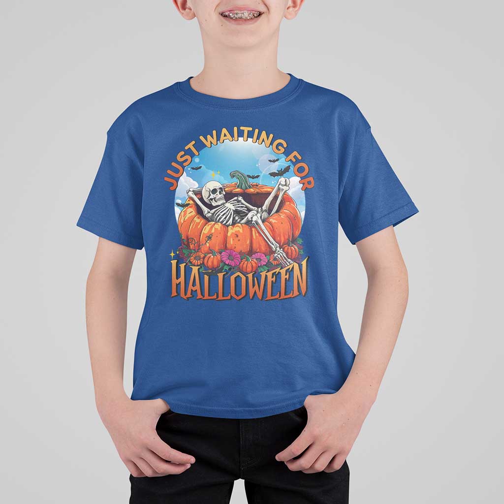 Just Waiting For Halloween T Shirt For Kid Spooky Skeleton Pumpkin Summer Vibes - Wonder Print Shop
