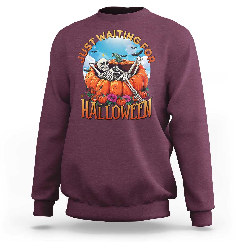 Just Waiting For Halloween Sweatshirt Spooky Skeleton Pumpkin Summer Vibes - Wonder Print Shop