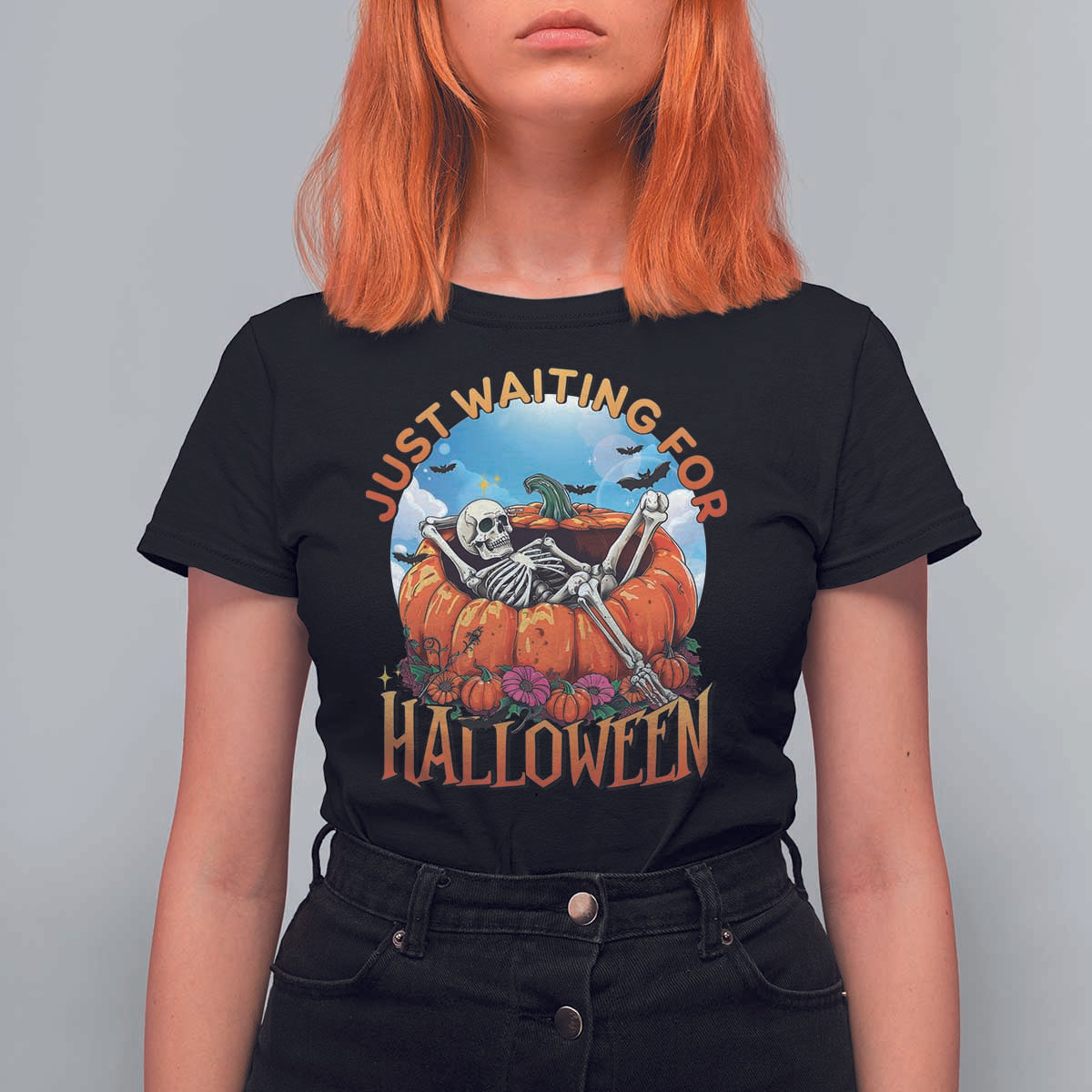 Just Waiting For Halloween T Shirt For Women Spooky Skeleton Pumpkin Summer Vibes - Wonder Print Shop