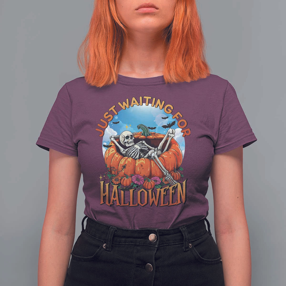 Just Waiting For Halloween T Shirt For Women Spooky Skeleton Pumpkin Summer Vibes - Wonder Print Shop