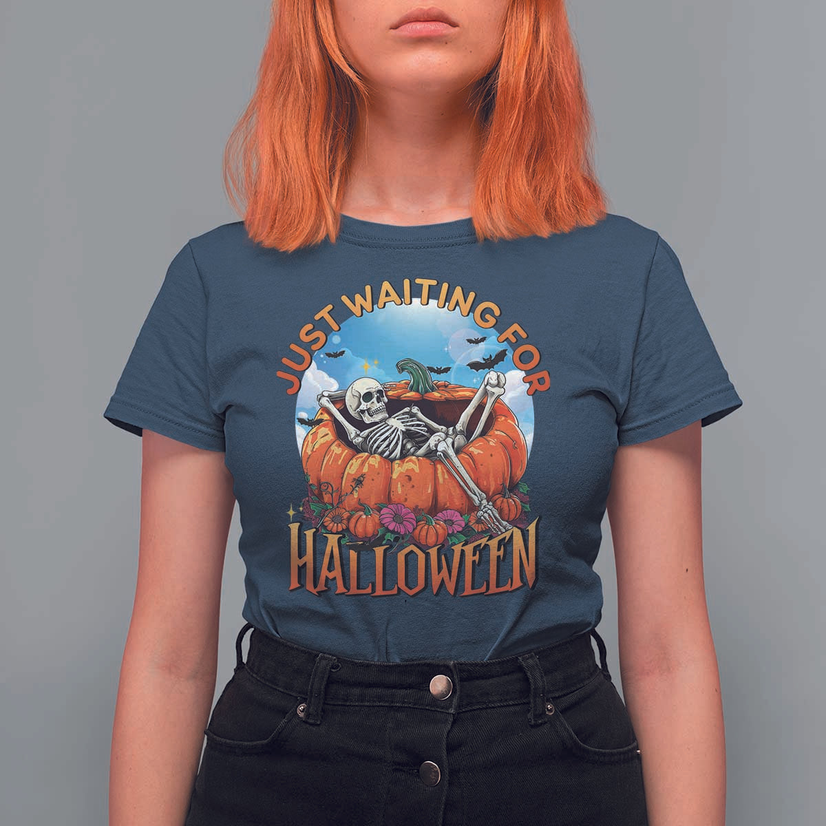 Just Waiting For Halloween T Shirt For Women Spooky Skeleton Pumpkin Summer Vibes - Wonder Print Shop