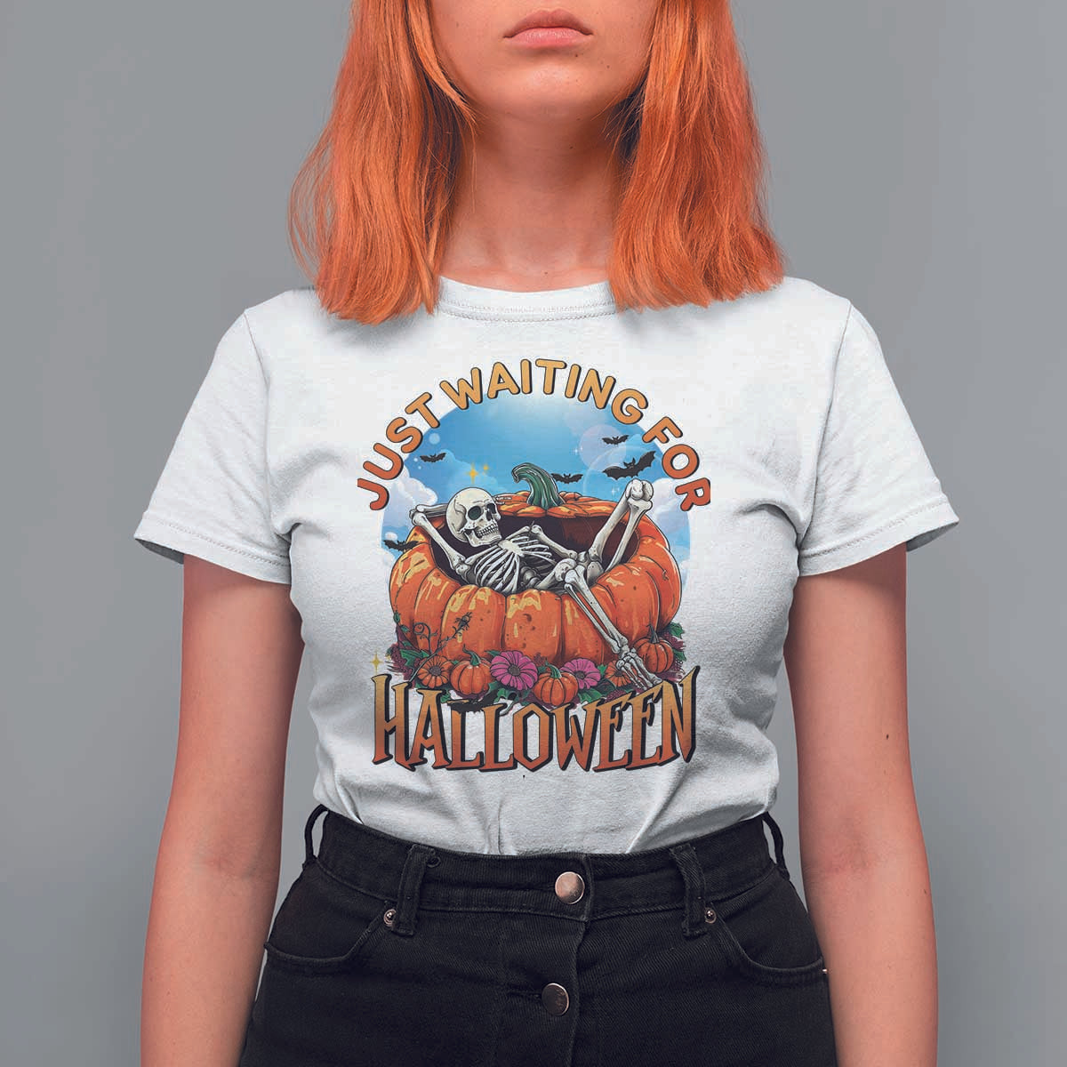 Just Waiting For Halloween T Shirt For Women Spooky Skeleton Pumpkin Summer Vibes - Wonder Print Shop