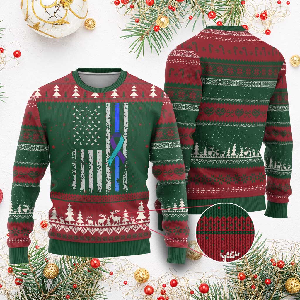 Police Suicide Prevention Awareness American Flag Ribbon Support Ugly Christmas Sweater