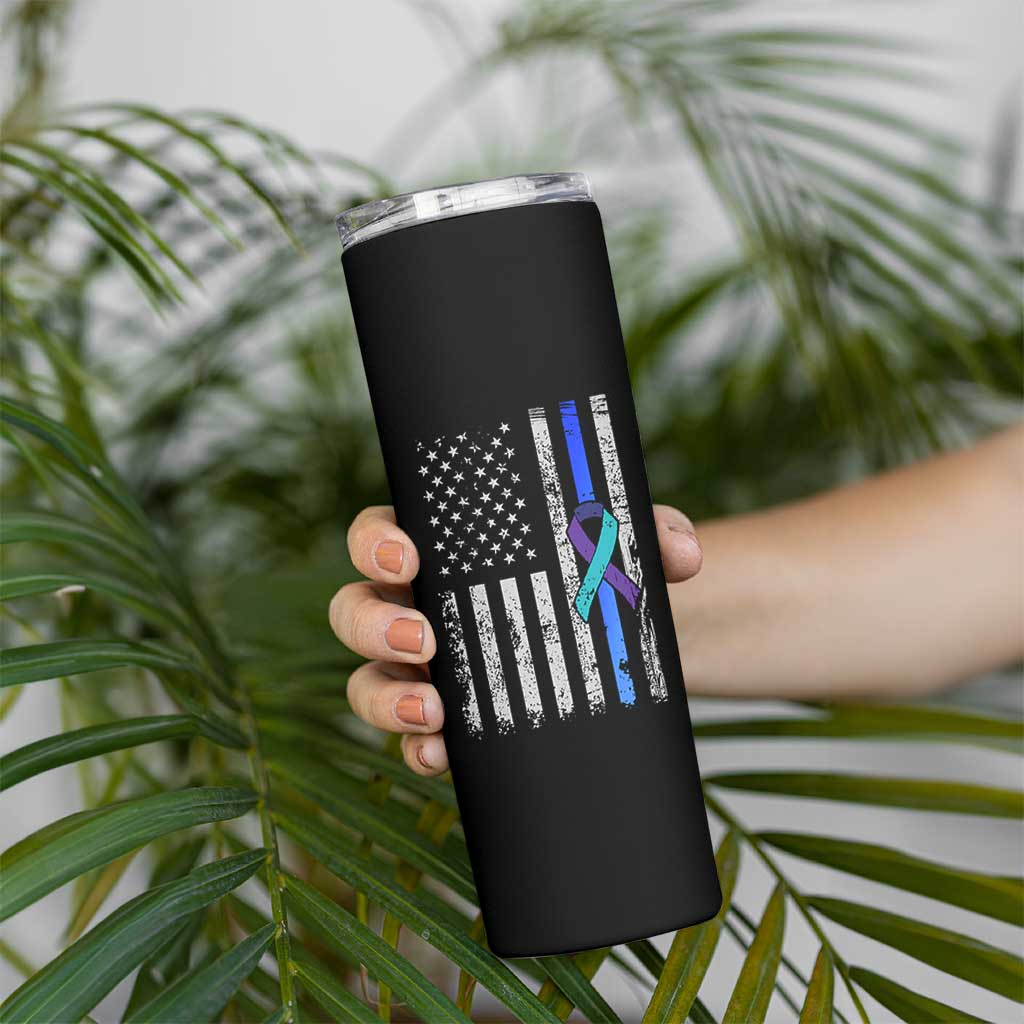 Police Suicide Prevention Awareness American Flag Ribbon Support Skinny Tumbler