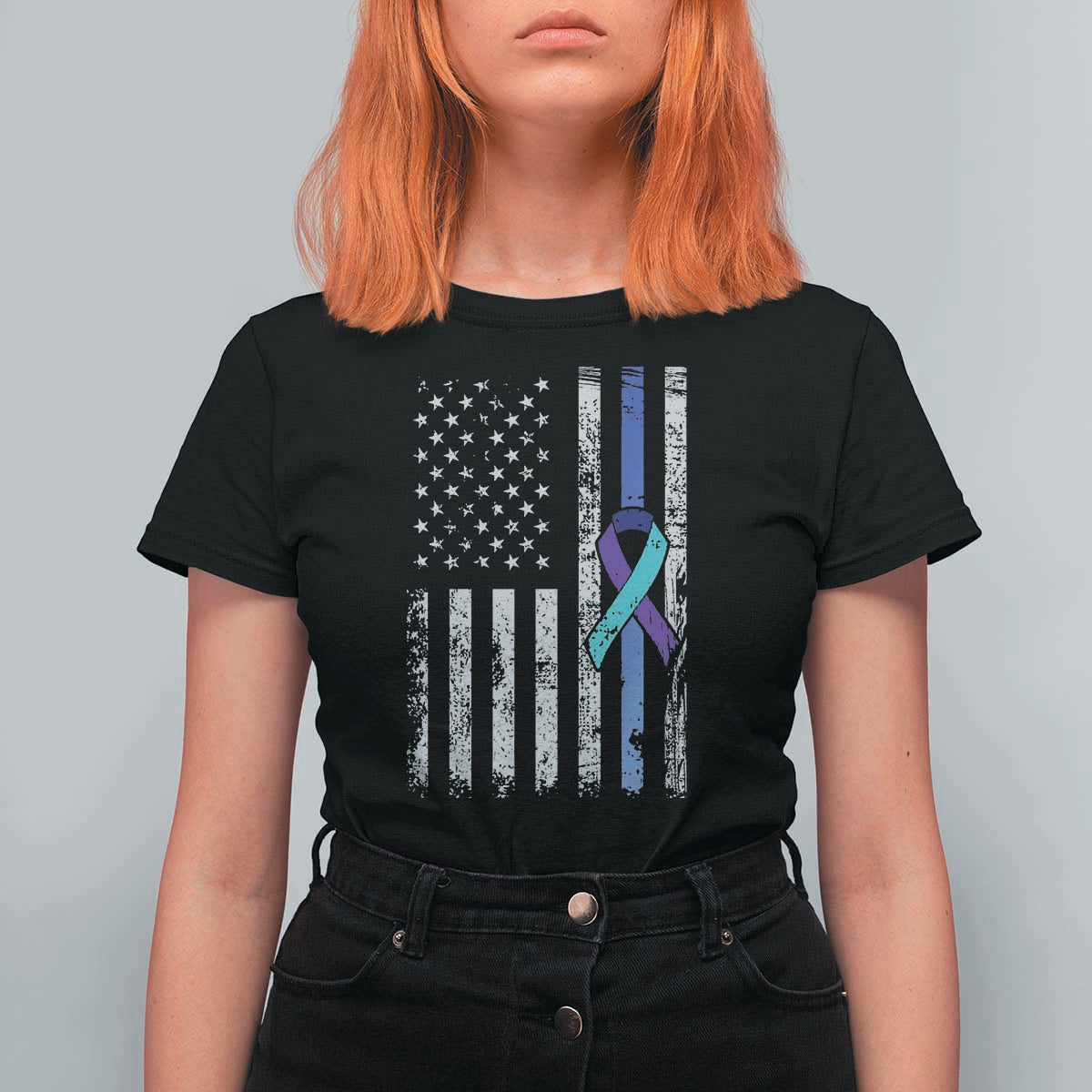 Police Suicide Prevention Awareness American Flag Ribbon Support T Shirt For Women