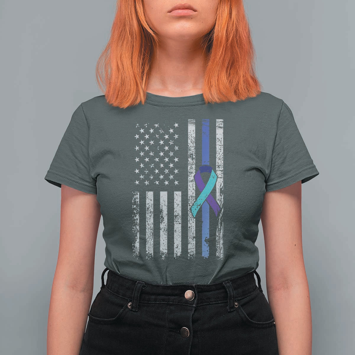 Police Suicide Prevention Awareness American Flag Ribbon Support T Shirt For Women