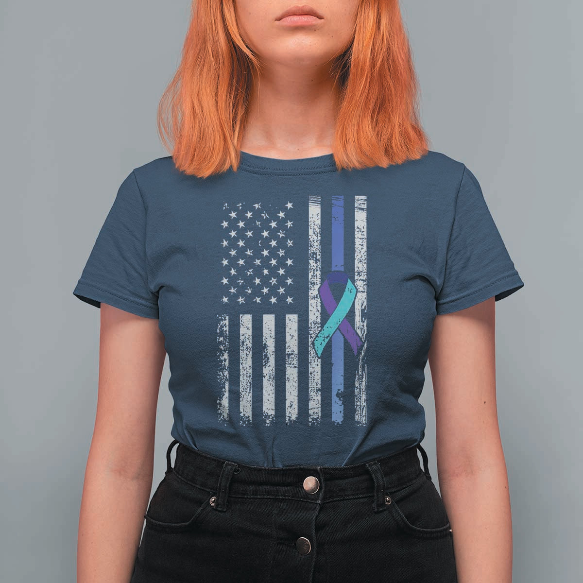 Police Suicide Prevention Awareness American Flag Ribbon Support T Shirt For Women