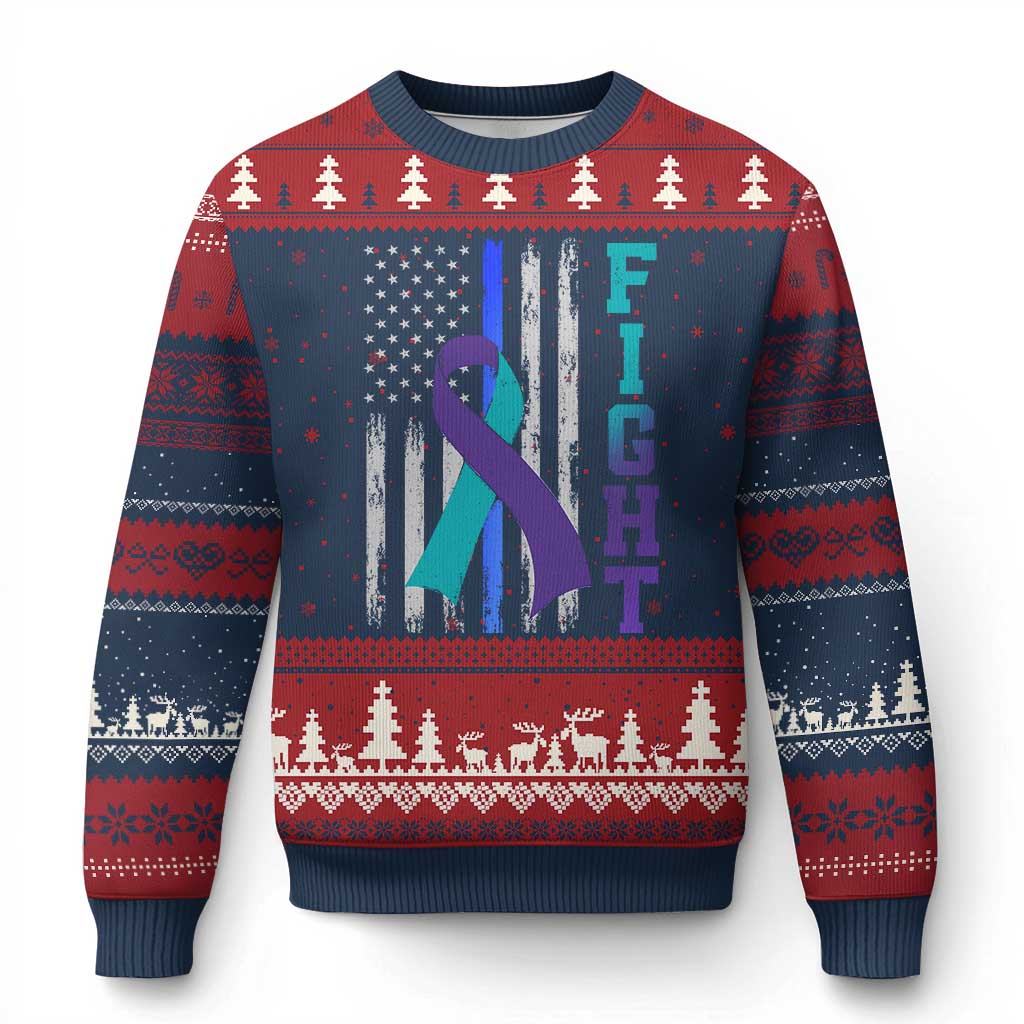 Fight Police Suicide Prevention Awareness American Flag Ribbon Support Ugly Christmas Sweater