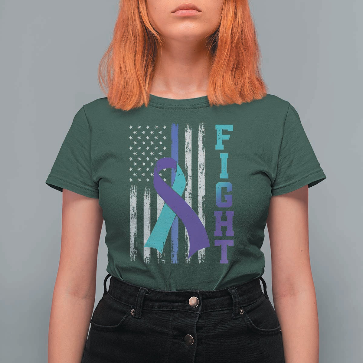 Fight Police Suicide Prevention Awareness American Flag Ribbon Support T Shirt For Women