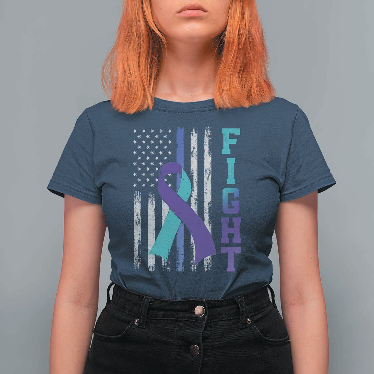 Fight Police Suicide Prevention Awareness American Flag Ribbon Support T Shirt For Women
