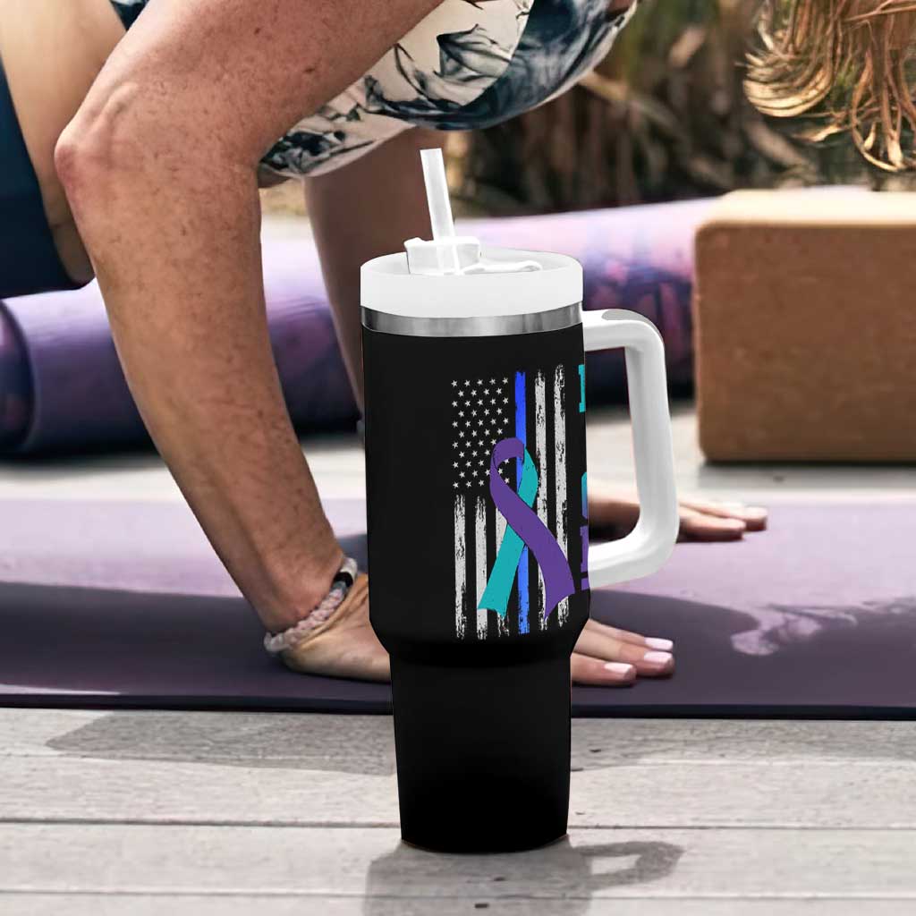 Fight Police Suicide Prevention Awareness American Flag Ribbon Support Tumbler With Handle