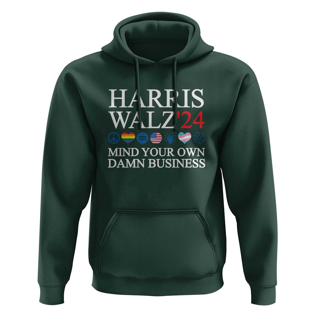 Harris Walz'24 Hoodie Mind Your Own Damn Business American LGBT Flag Unity Heart - Wonder Print Shop