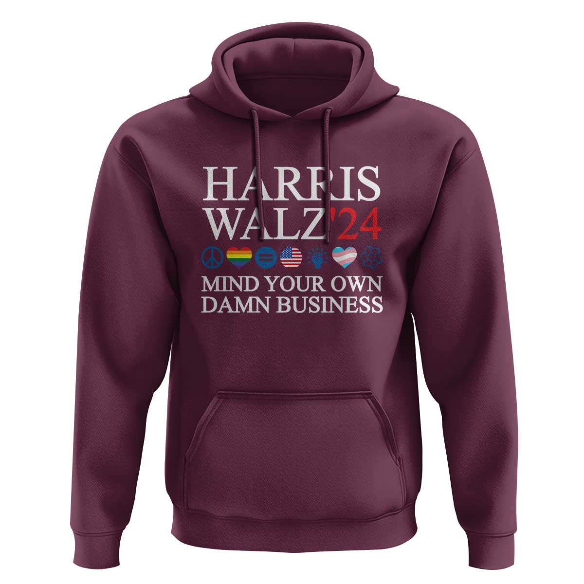Harris Walz'24 Hoodie Mind Your Own Damn Business American LGBT Flag Unity Heart - Wonder Print Shop