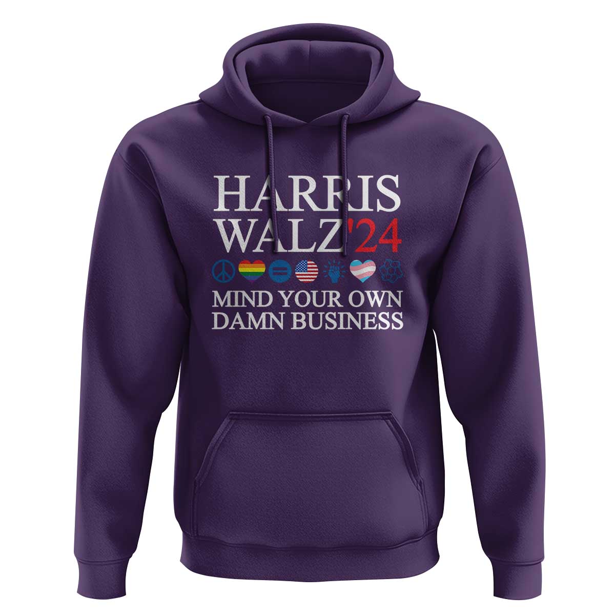 Harris Walz'24 Hoodie Mind Your Own Damn Business American LGBT Flag Unity Heart - Wonder Print Shop