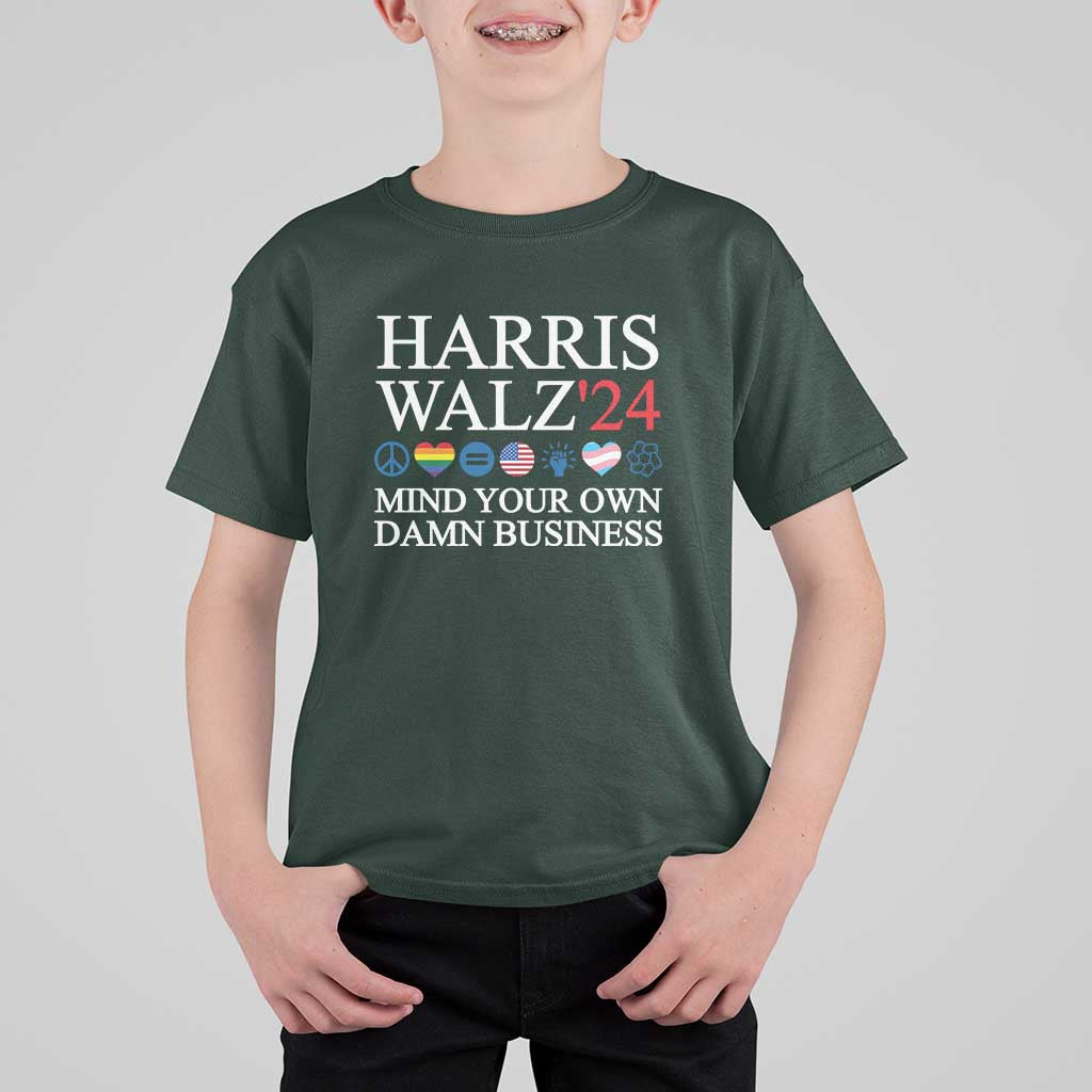 Harris Walz'24 T Shirt For Kid Mind Your Own Damn Business American LGBT Flag Unity Heart - Wonder Print Shop