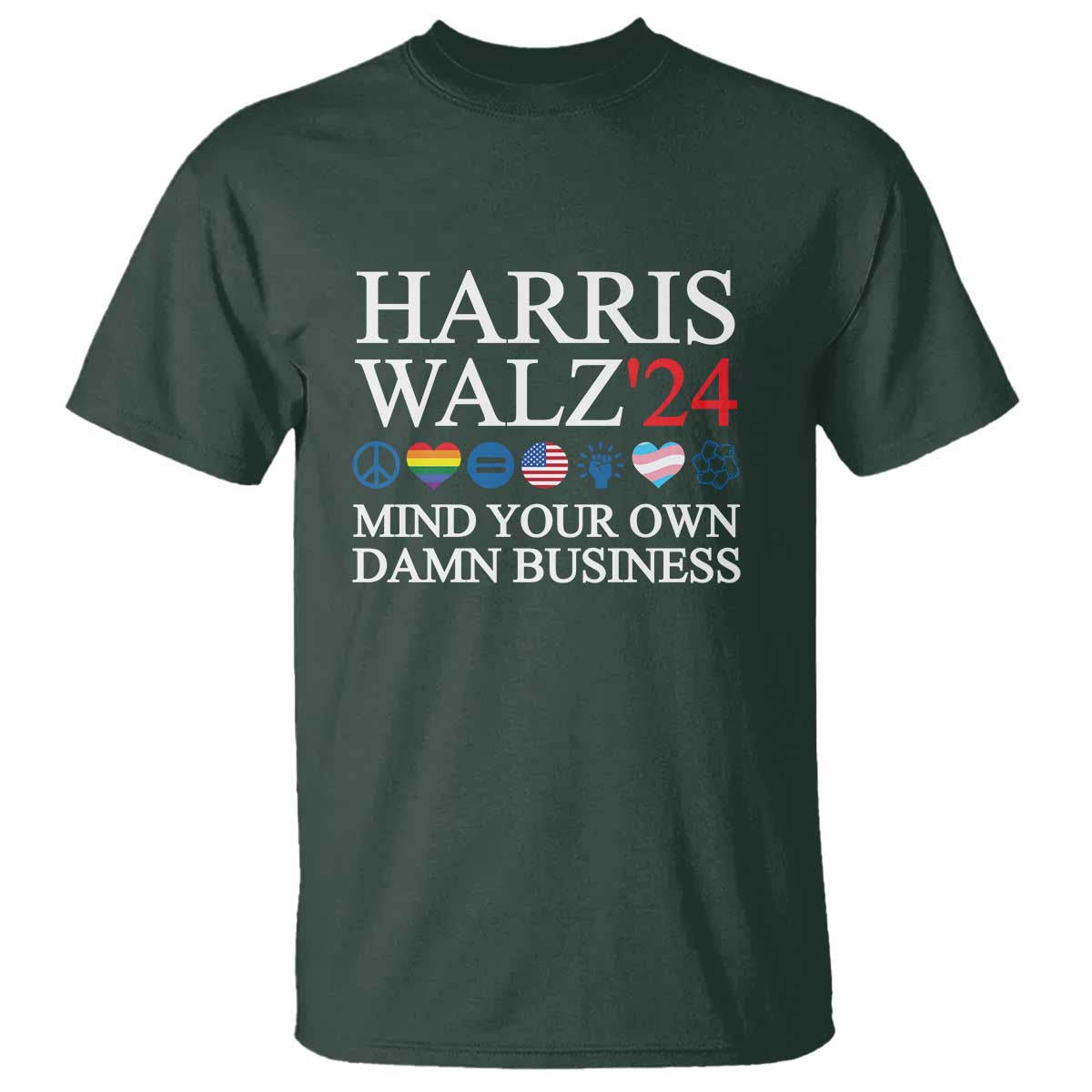 Harris Walz'24 T Shirt Mind Your Own Damn Business American LGBT Flag Unity Heart - Wonder Print Shop