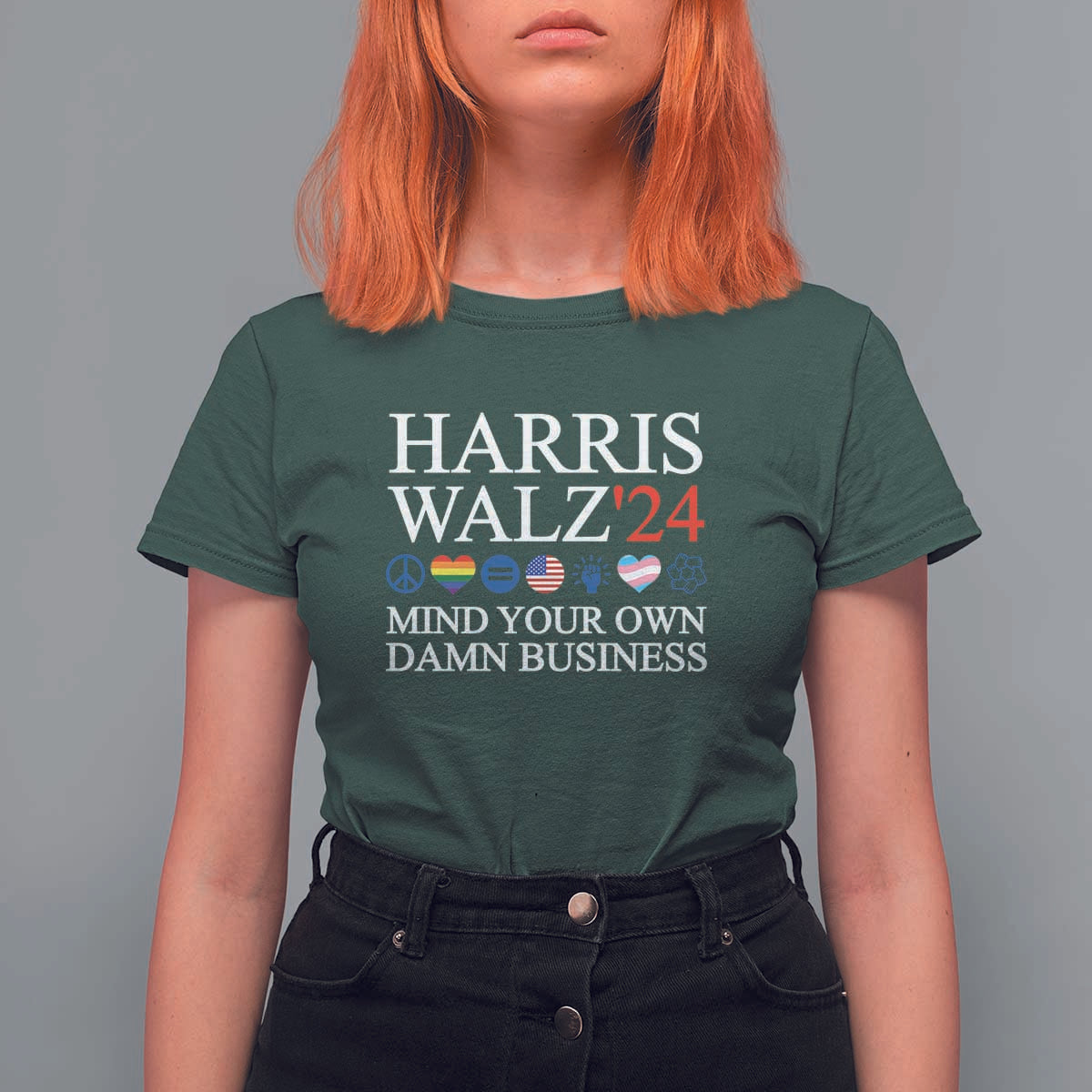 Harris Walz'24 T Shirt For Women Mind Your Own Damn Business American LGBT Flag Unity Heart - Wonder Print Shop