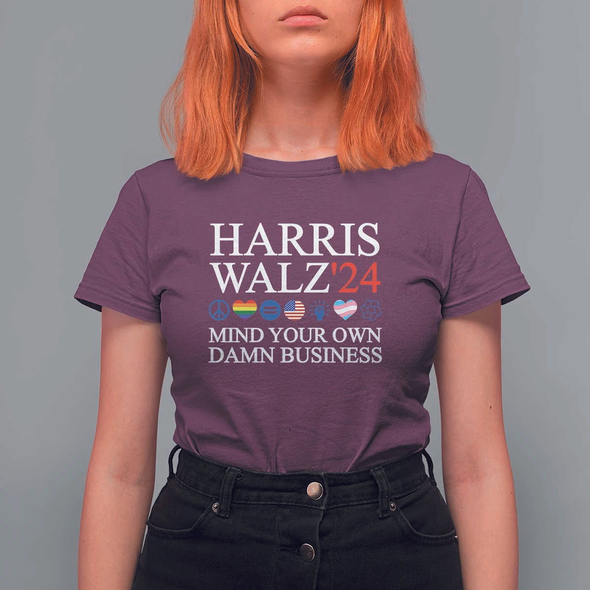 Harris Walz'24 T Shirt For Women Mind Your Own Damn Business American LGBT Flag Unity Heart - Wonder Print Shop