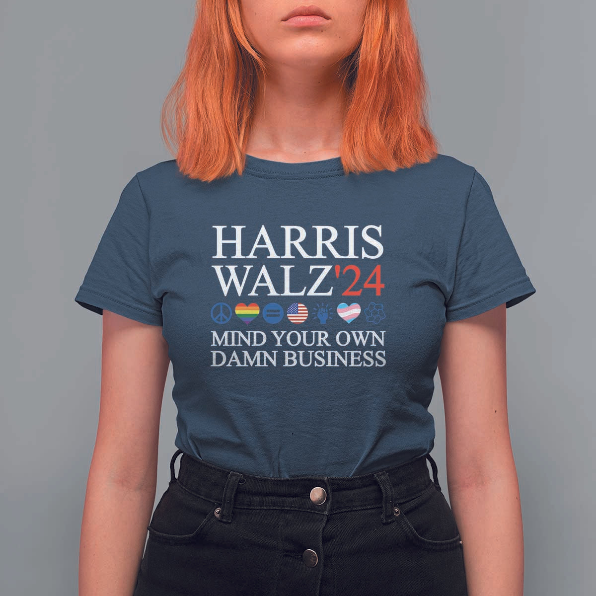 Harris Walz'24 T Shirt For Women Mind Your Own Damn Business American LGBT Flag Unity Heart - Wonder Print Shop