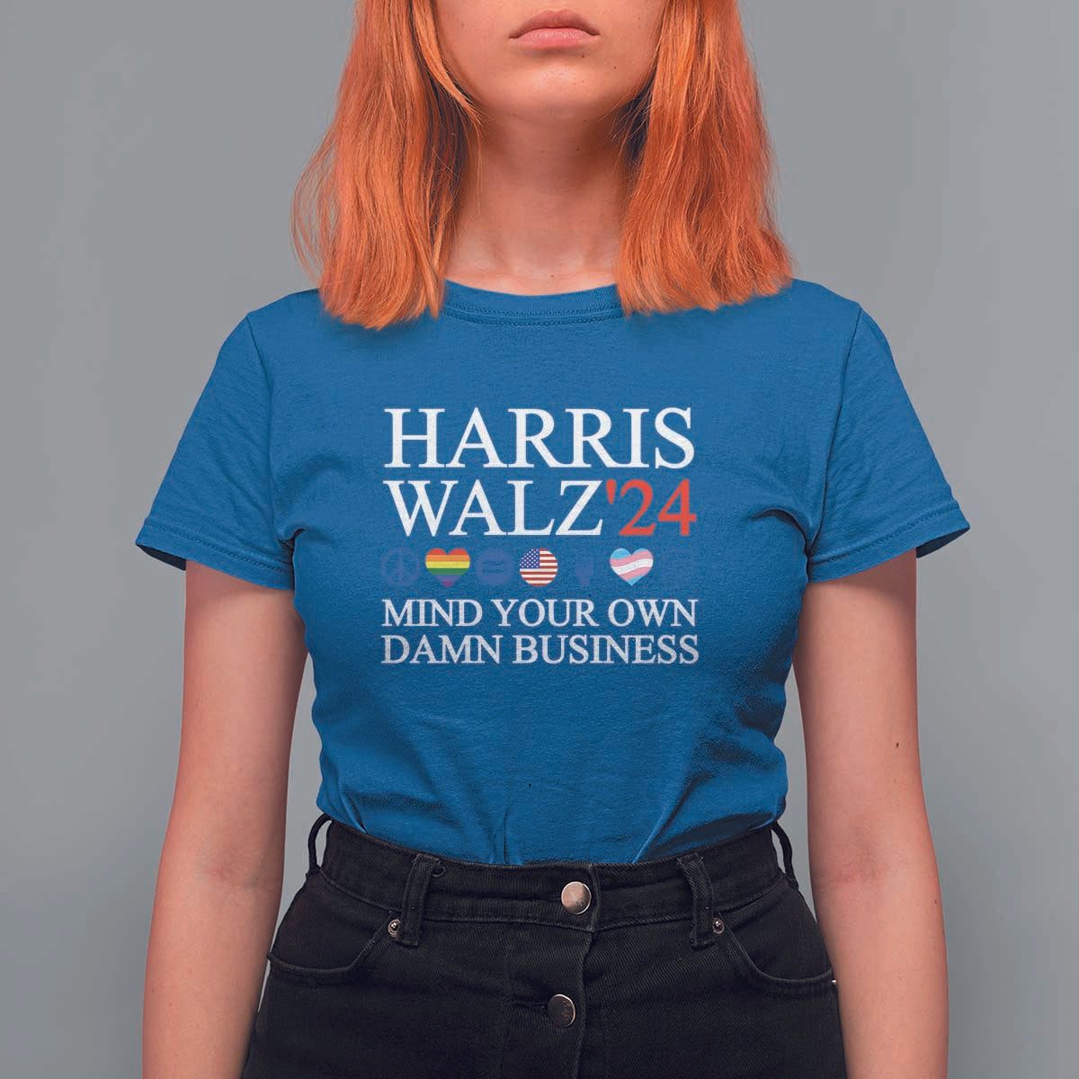 Harris Walz'24 T Shirt For Women Mind Your Own Damn Business American LGBT Flag Unity Heart - Wonder Print Shop