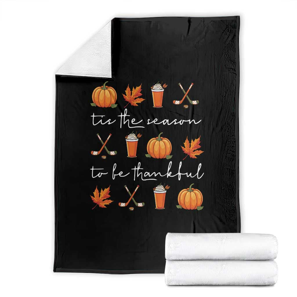 Thanksgiving Day Throw Blanket Tis The Season To Be Thankful Pumpkin Ice Hockey Maple Leaf - Wonder Print Shop