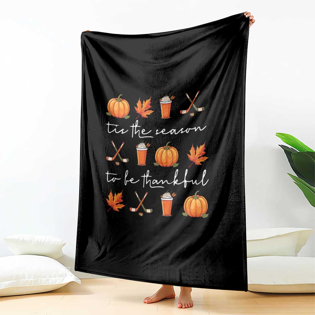 Thanksgiving Day Throw Blanket Tis The Season To Be Thankful Pumpkin Ice Hockey Maple Leaf - Wonder Print Shop