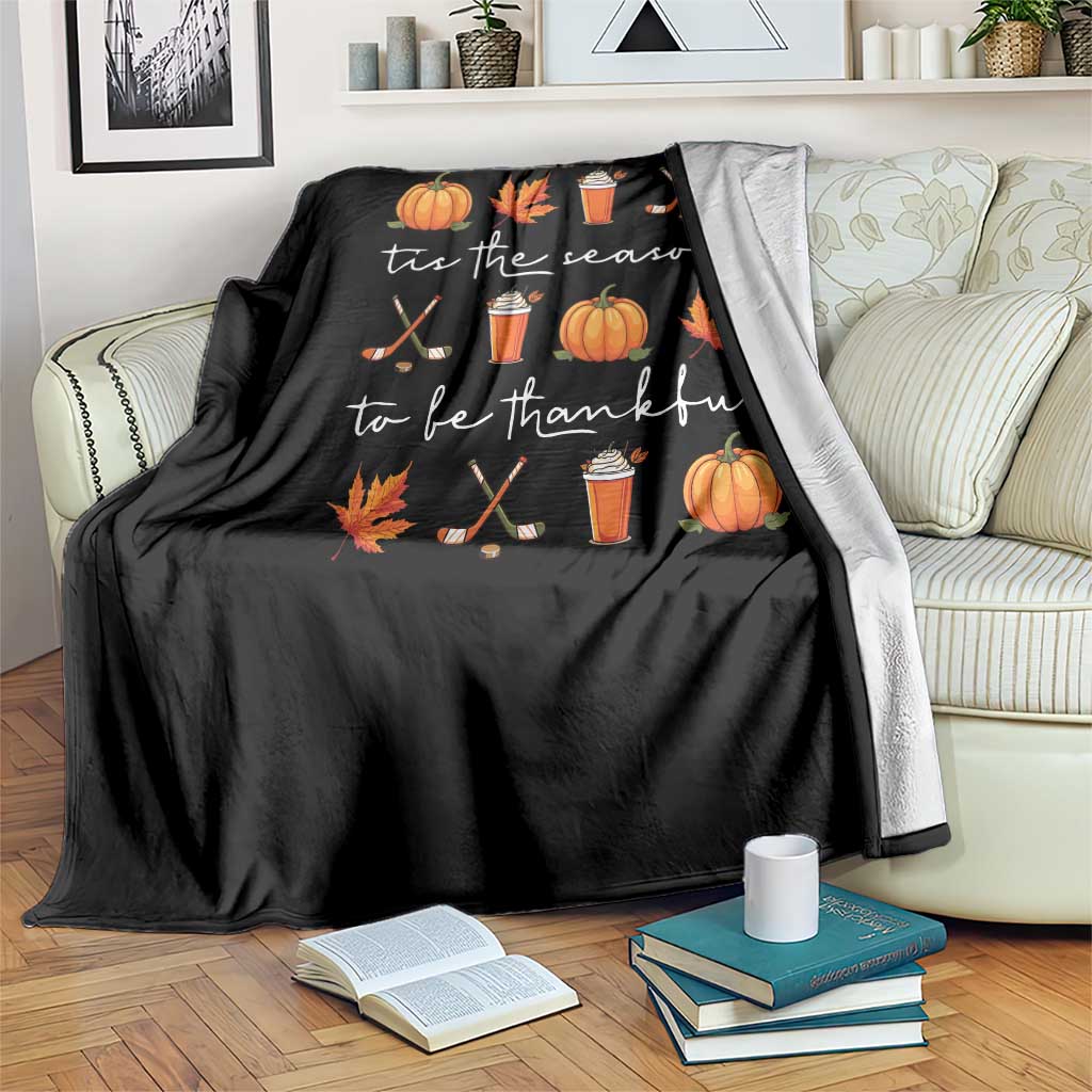 Thanksgiving Day Throw Blanket Tis The Season To Be Thankful Pumpkin Ice Hockey Maple Leaf - Wonder Print Shop