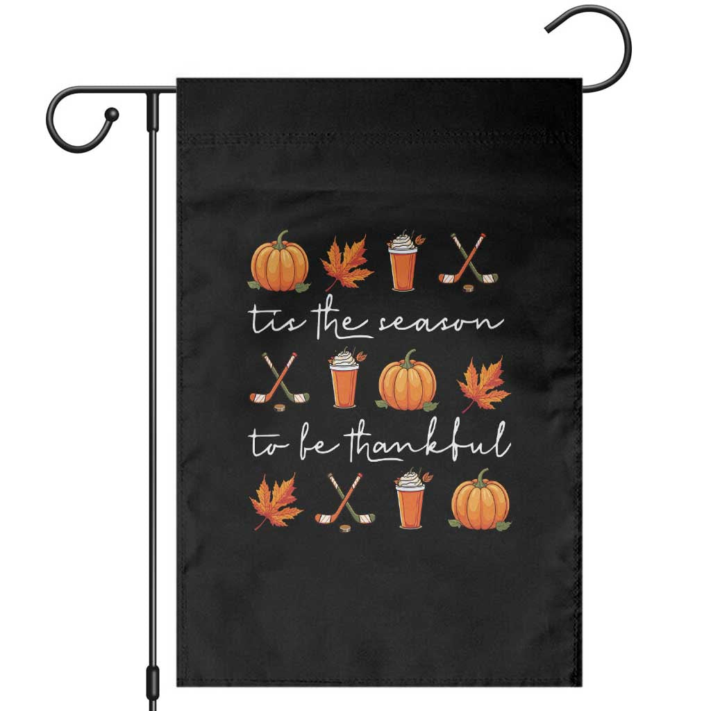 Thanksgiving Day Garden Flag Tis The Season To Be Thankful Pumpkin Ice Hockey Maple Leaf - Wonder Print Shop
