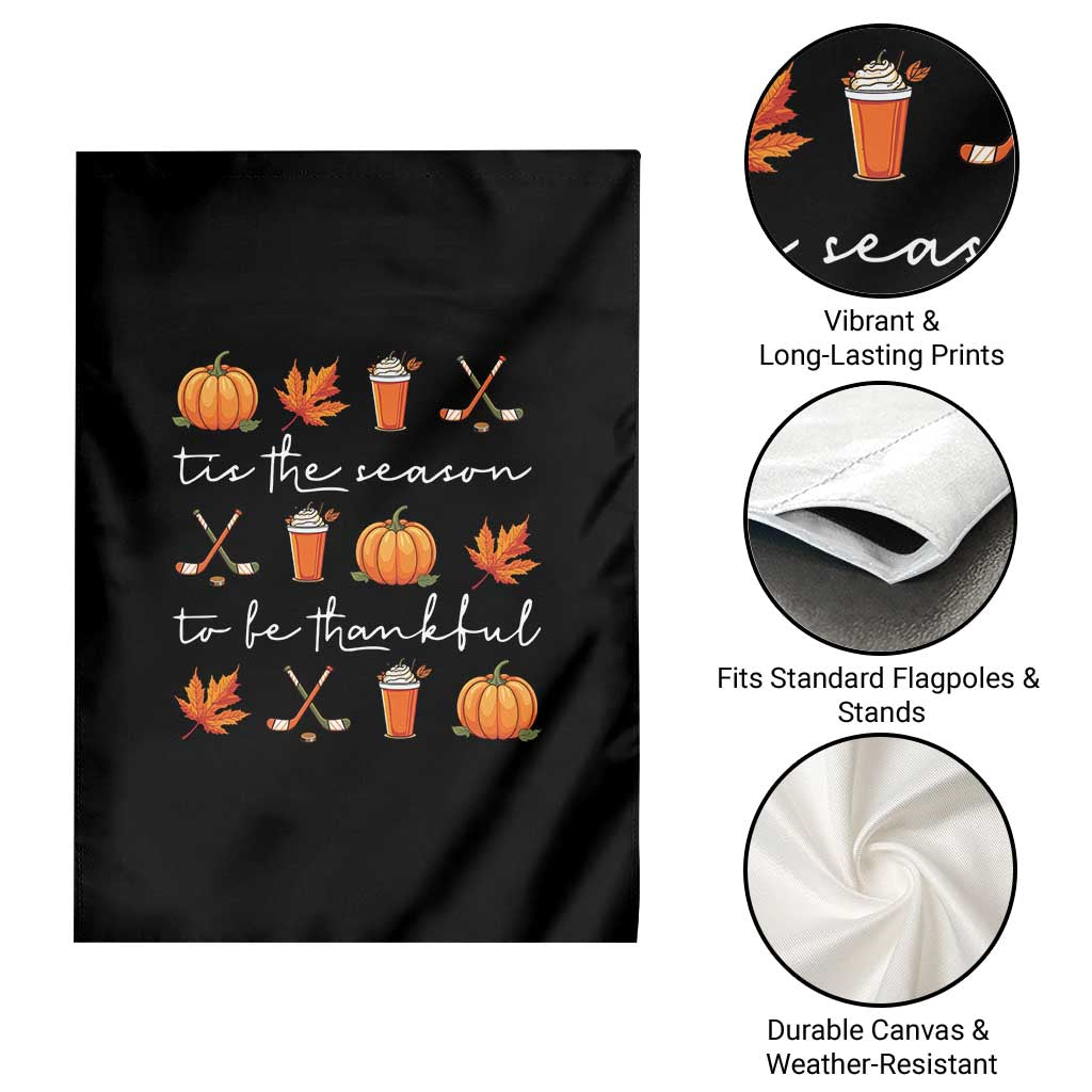 Thanksgiving Day Garden Flag Tis The Season To Be Thankful Pumpkin Ice Hockey Maple Leaf - Wonder Print Shop