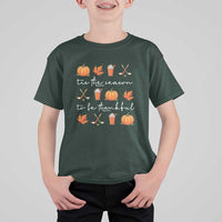 Thanksgiving Day T Shirt For Kid Tis The Season To Be Thankful Pumpkin Ice Hockey Maple Leaf - Wonder Print Shop