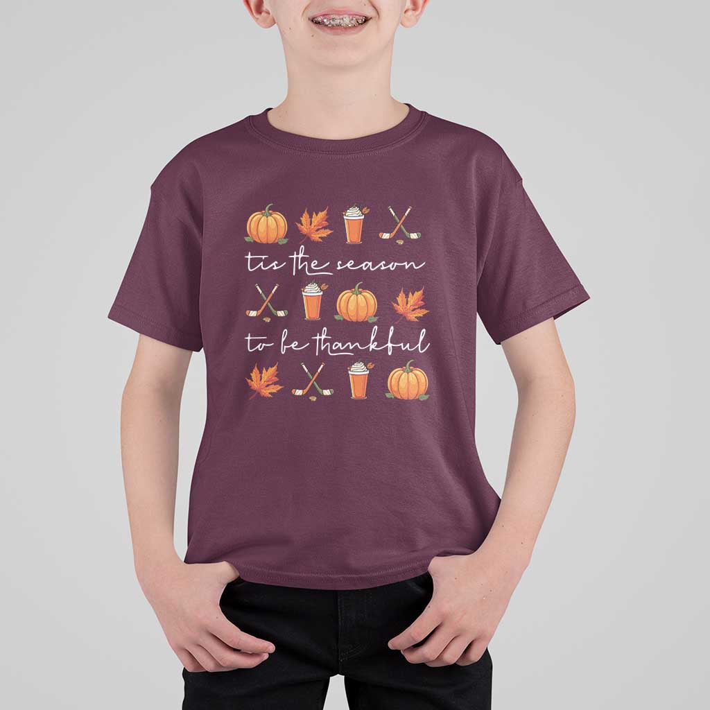 Thanksgiving Day T Shirt For Kid Tis The Season To Be Thankful Pumpkin Ice Hockey Maple Leaf - Wonder Print Shop