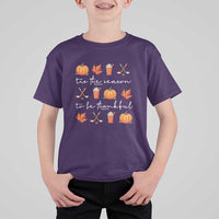 Thanksgiving Day T Shirt For Kid Tis The Season To Be Thankful Pumpkin Ice Hockey Maple Leaf - Wonder Print Shop