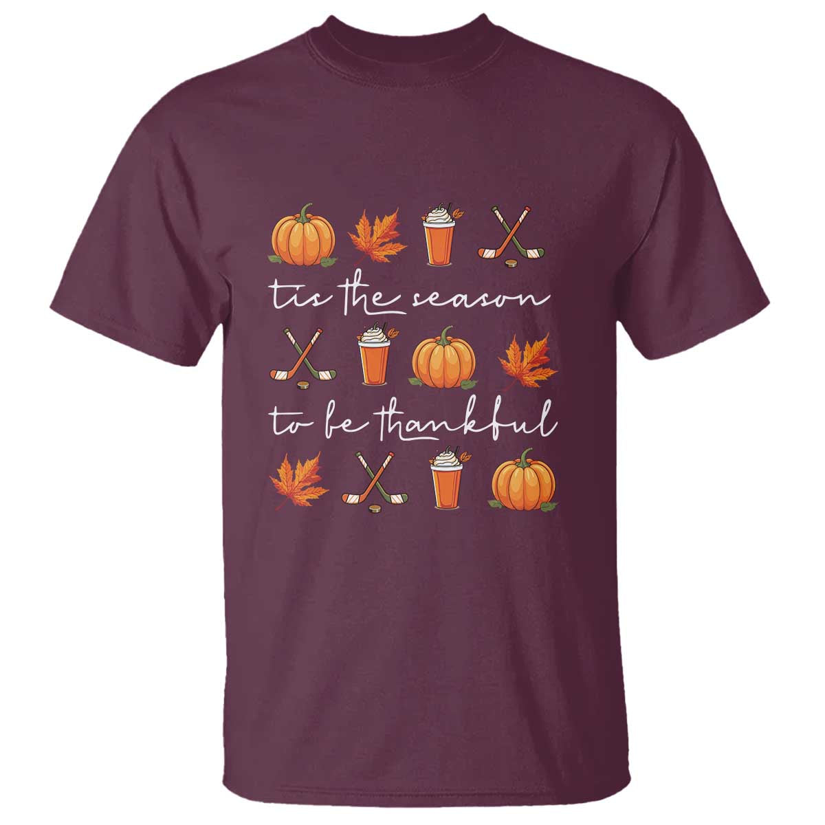 Thanksgiving Day T Shirt Tis The Season To Be Thankful Pumpkin Ice Hockey Maple Leaf - Wonder Print Shop