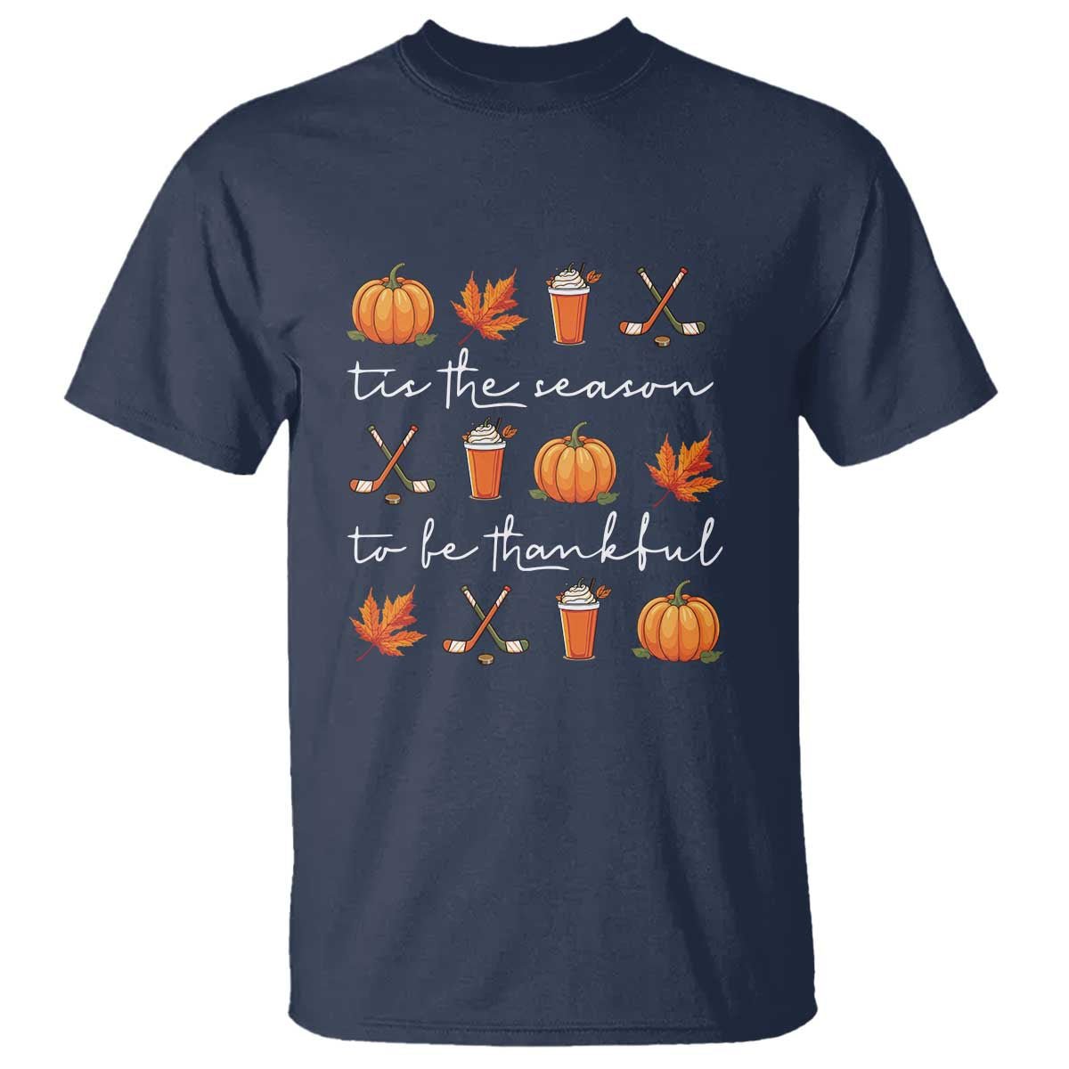Thanksgiving Day T Shirt Tis The Season To Be Thankful Pumpkin Ice Hockey Maple Leaf - Wonder Print Shop