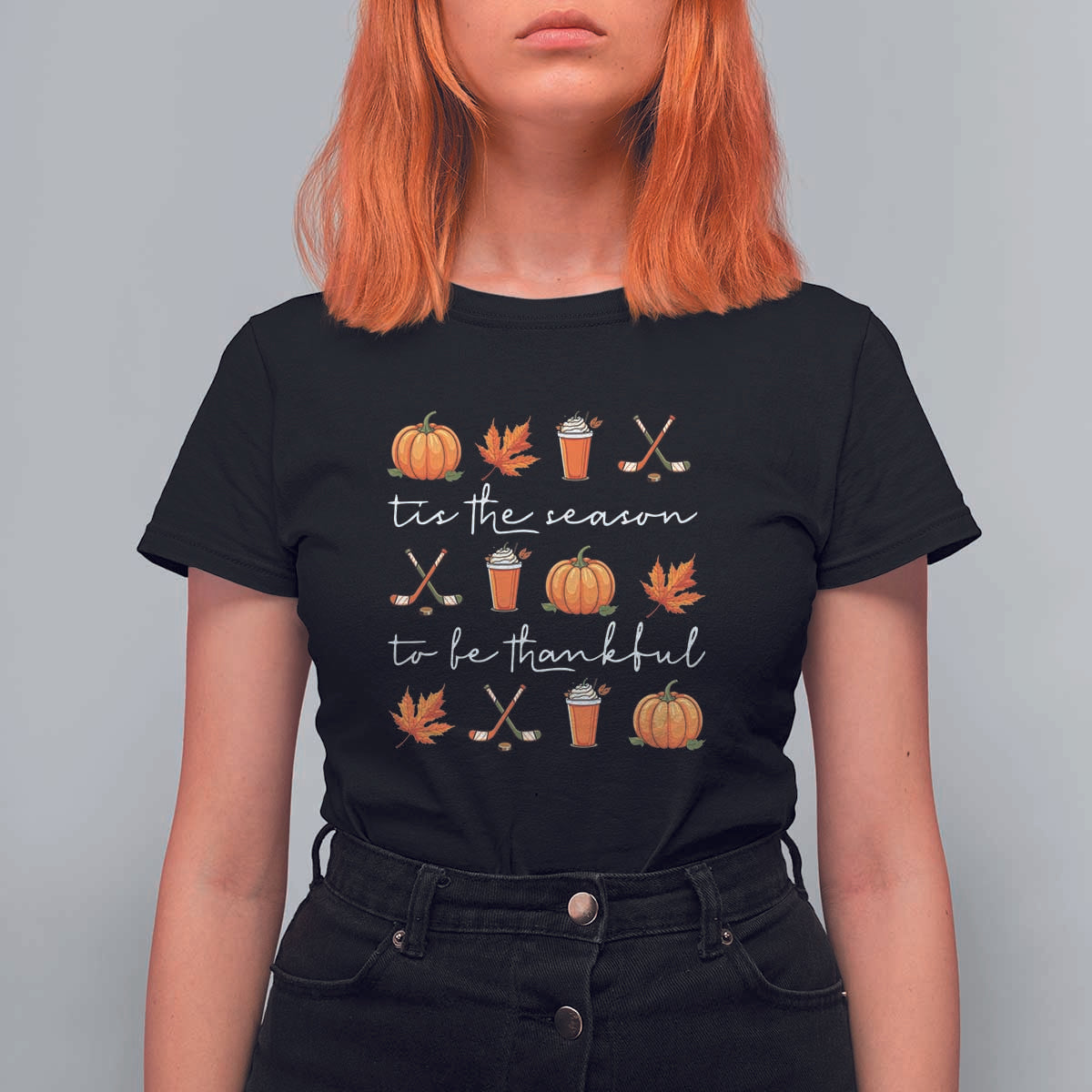 Thanksgiving Day T Shirt For Women Tis The Season To Be Thankful Pumpkin Ice Hockey Maple Leaf - Wonder Print Shop