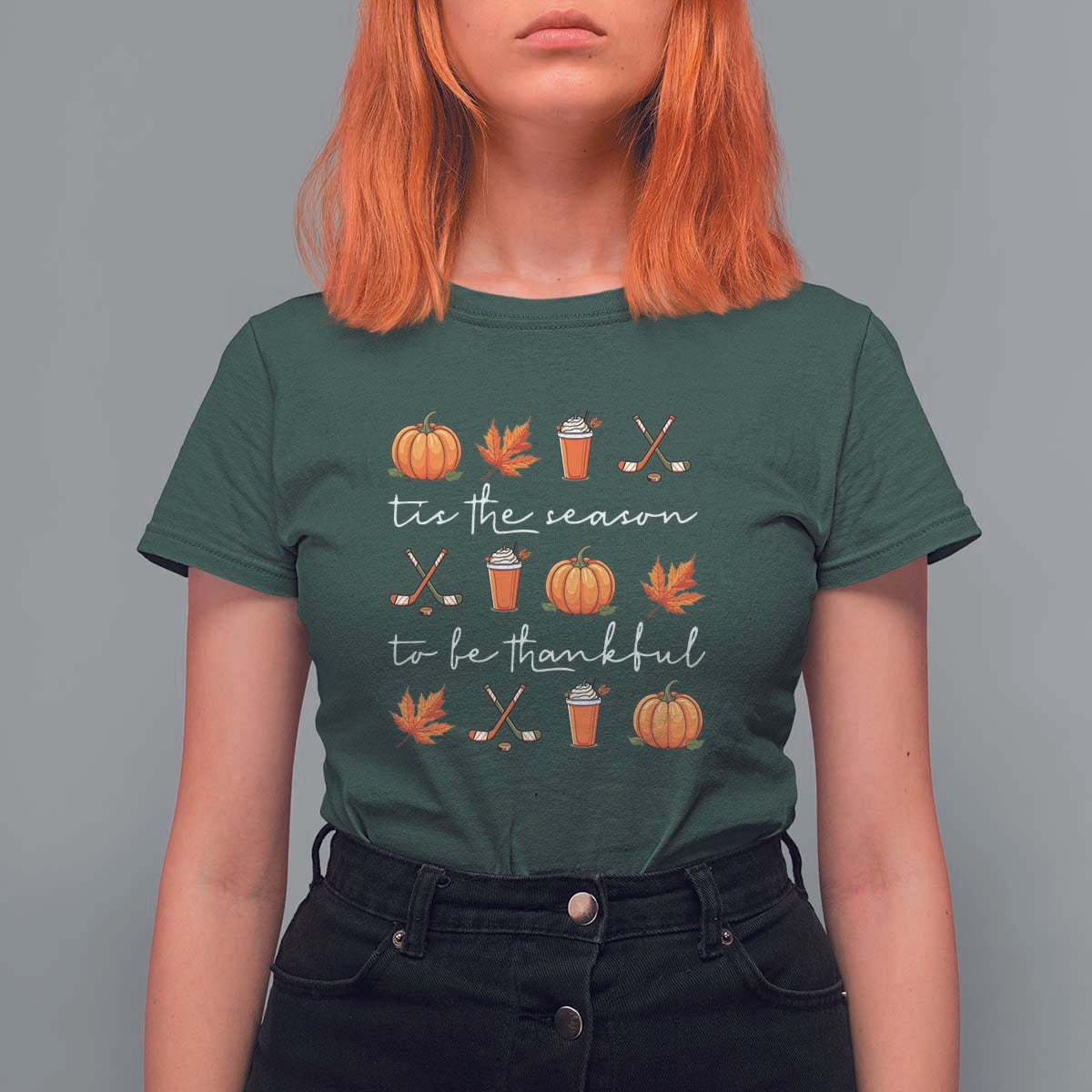 Thanksgiving Day T Shirt For Women Tis The Season To Be Thankful Pumpkin Ice Hockey Maple Leaf - Wonder Print Shop