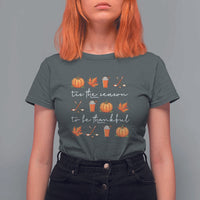 Thanksgiving Day T Shirt For Women Tis The Season To Be Thankful Pumpkin Ice Hockey Maple Leaf - Wonder Print Shop