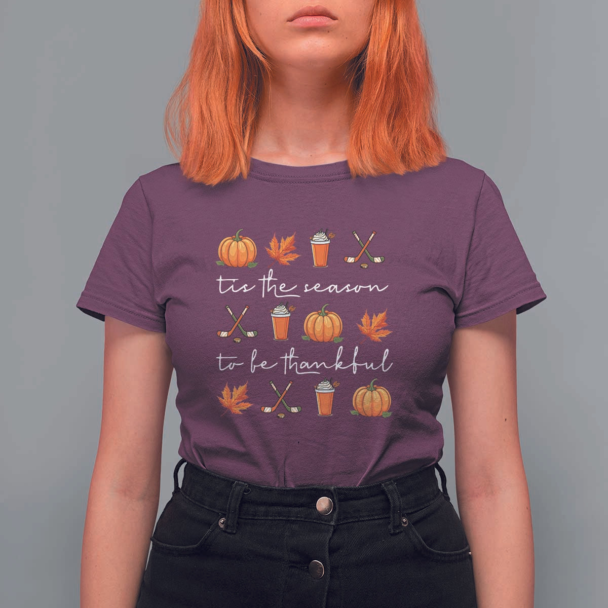 Thanksgiving Day T Shirt For Women Tis The Season To Be Thankful Pumpkin Ice Hockey Maple Leaf - Wonder Print Shop