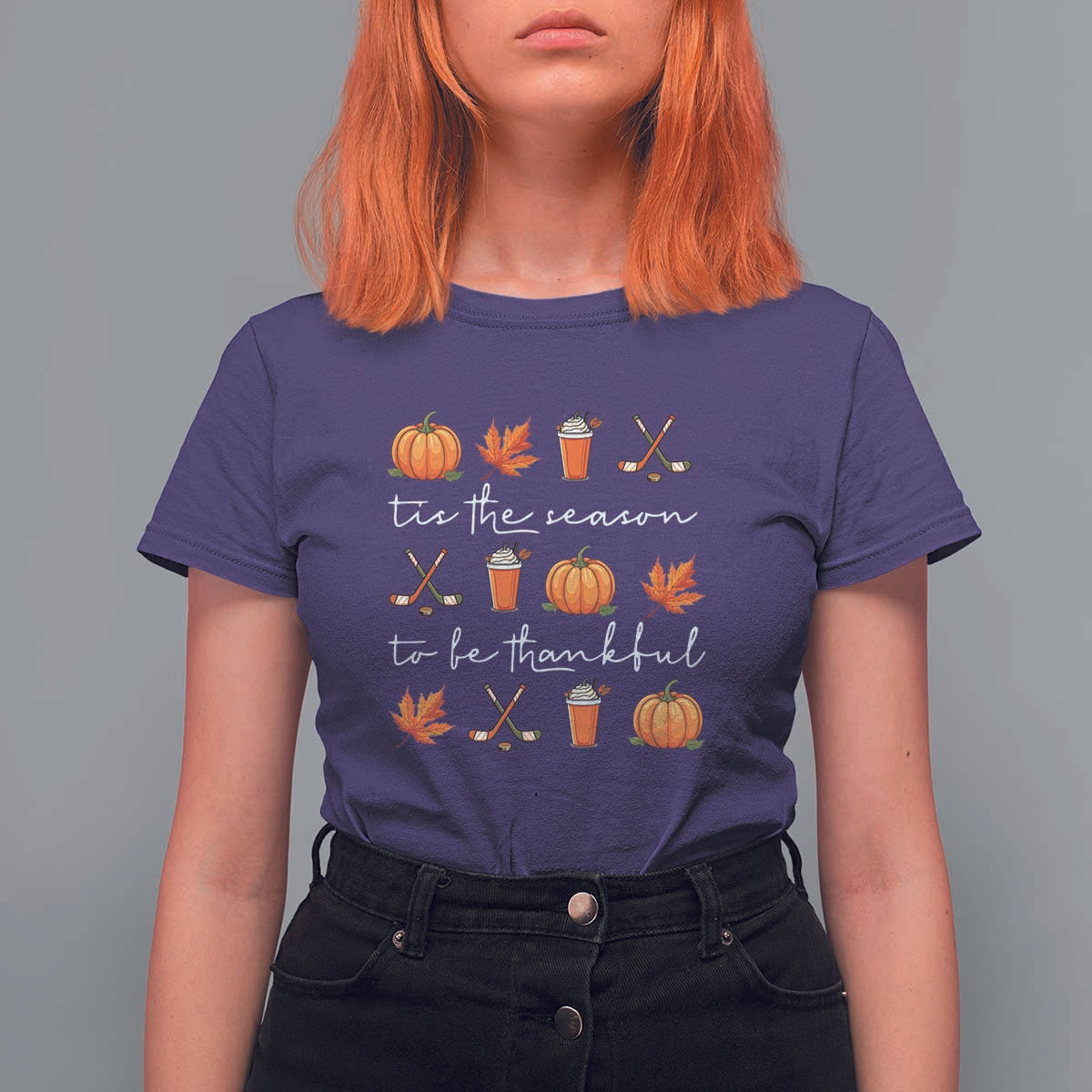 Thanksgiving Day T Shirt For Women Tis The Season To Be Thankful Pumpkin Ice Hockey Maple Leaf - Wonder Print Shop