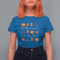 Thanksgiving Day T Shirt For Women Tis The Season To Be Thankful Pumpkin Ice Hockey Maple Leaf - Wonder Print Shop