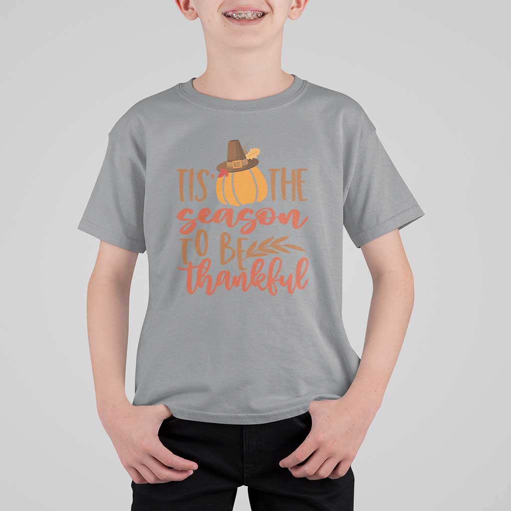 Thanksgiving Day T Shirt For Kid Tis The Season To Be Thankful Pumpkin Fall Season Pilgrim Hat - Wonder Print Shop