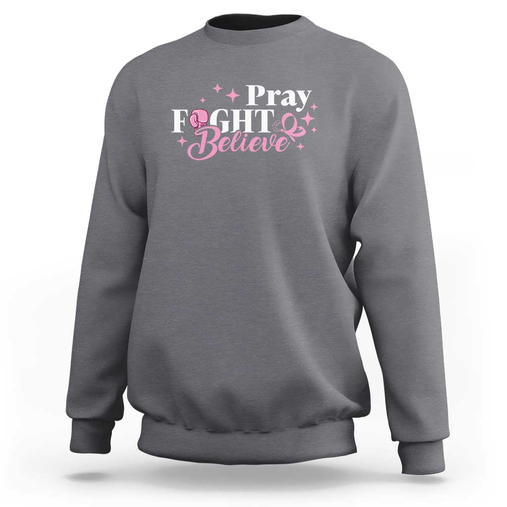 Breast Cancer Awareness Sweatshirt Pray Fight Believe Boxing Glove Pink Ribbon Butterfly - Wonder Print Shop